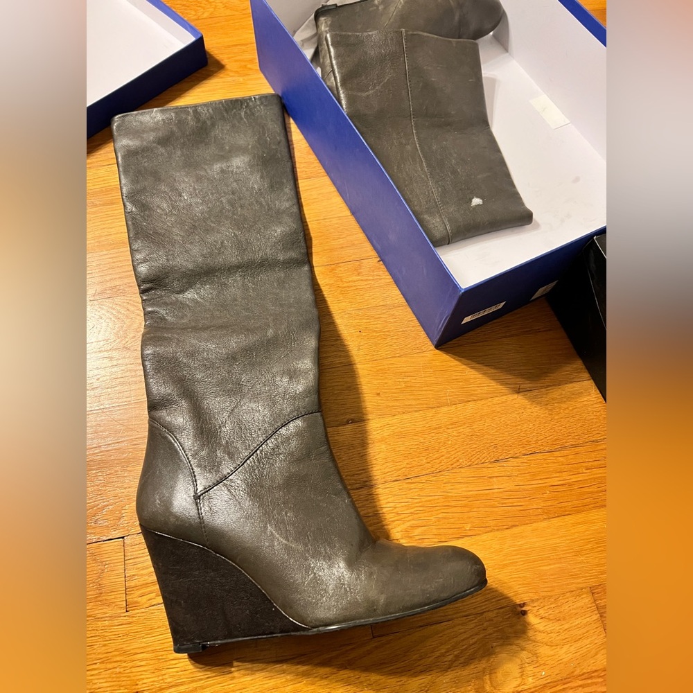 Stuart Weitzman Dark Gray Wedge Boots - knee length. High wedge heel. Pull on.